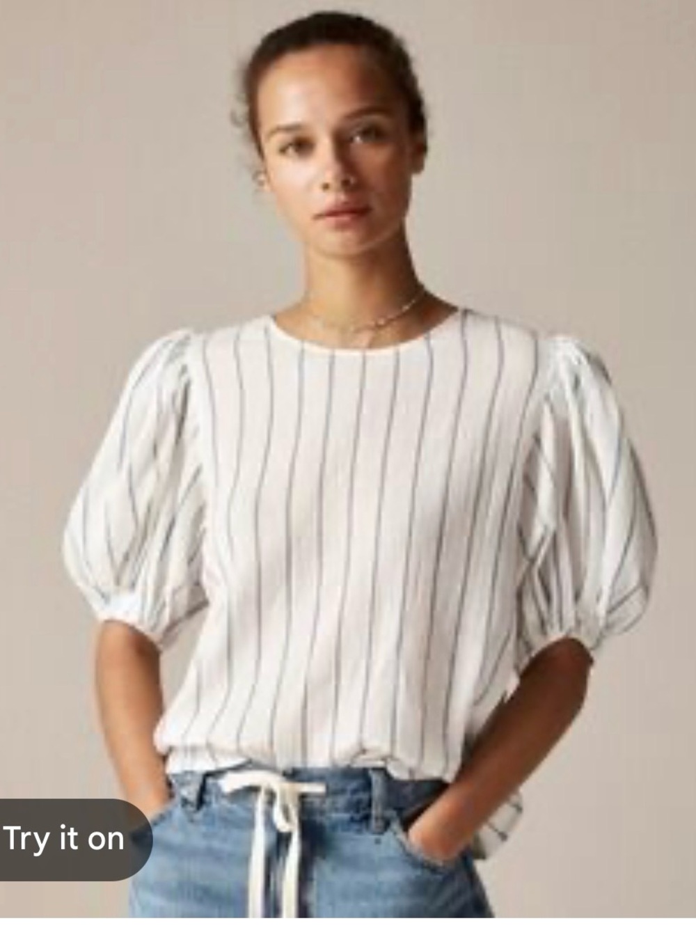 J. Crew White Top with Navy Pinstripes and Puff Sleeves